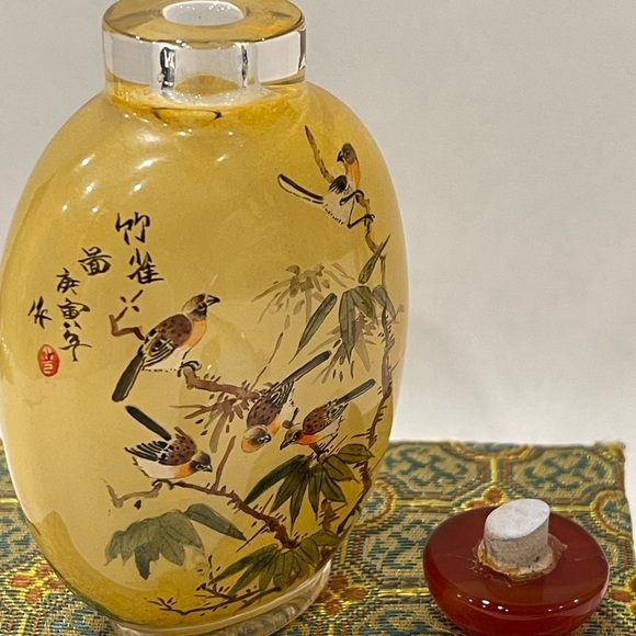 Vintage CHINA Snuff Bottle Inside Reverse Painted Sparrows In Trees Art Handmade - Picture 12 of 16